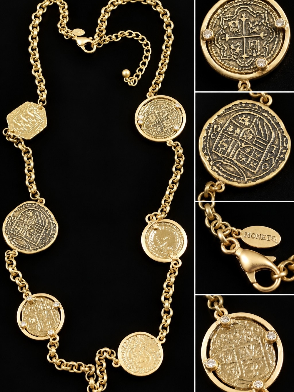 CHICO'S Vintage 1980s Gold Tone Coin Medallion Station Necklace